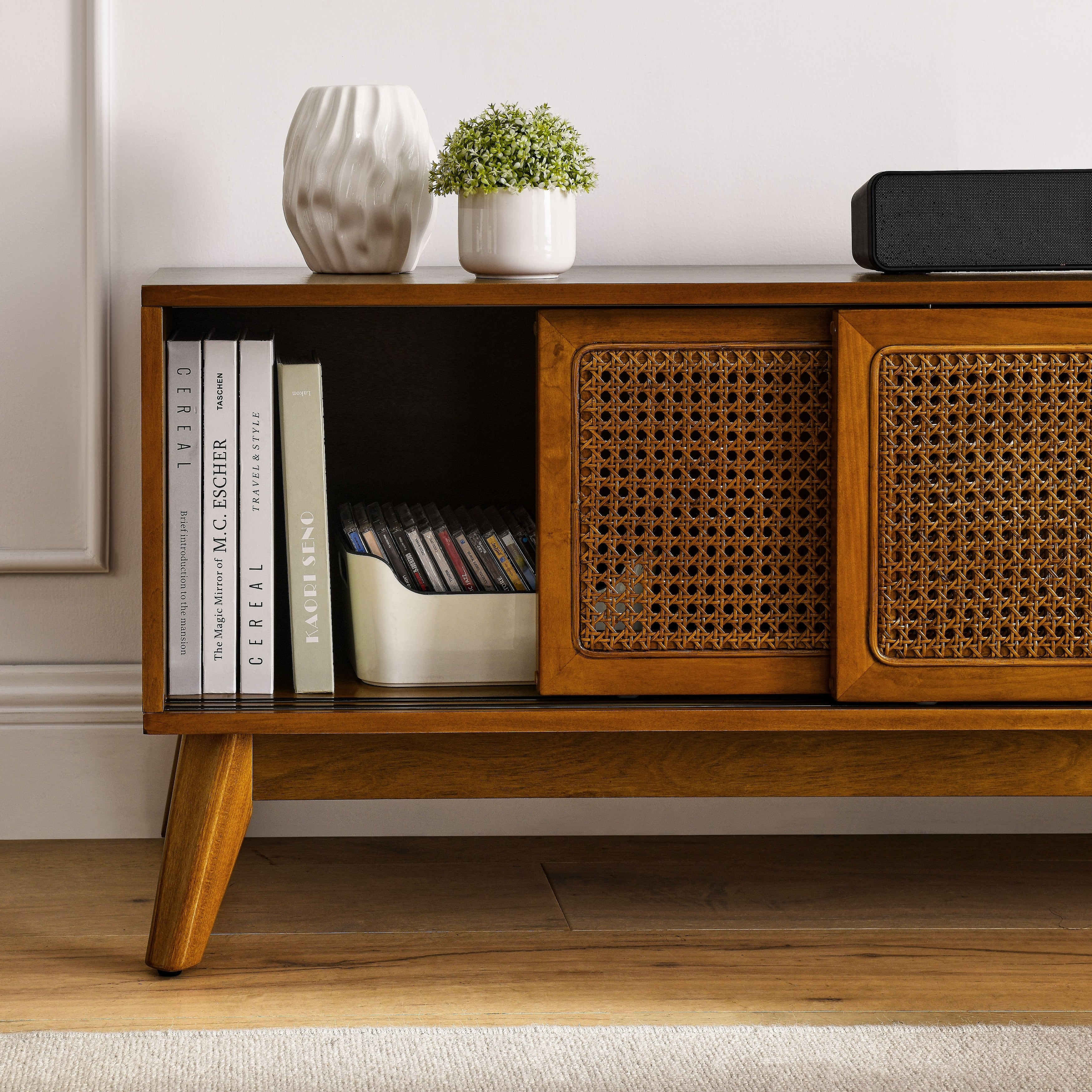 59 inch Mid Century Modern Rattan TV Stand for 65 inch TV Entertainment Cabinet Media Console Brown Ebony