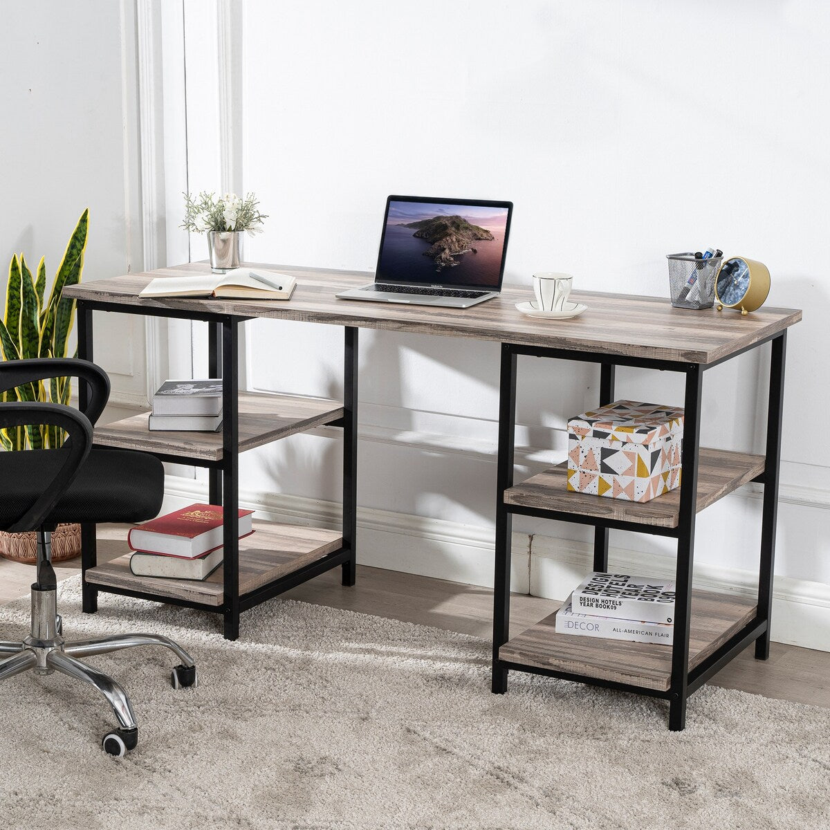 59 Inches Computer Desk Trestle Desk with Both Side 2-Tier Shelves