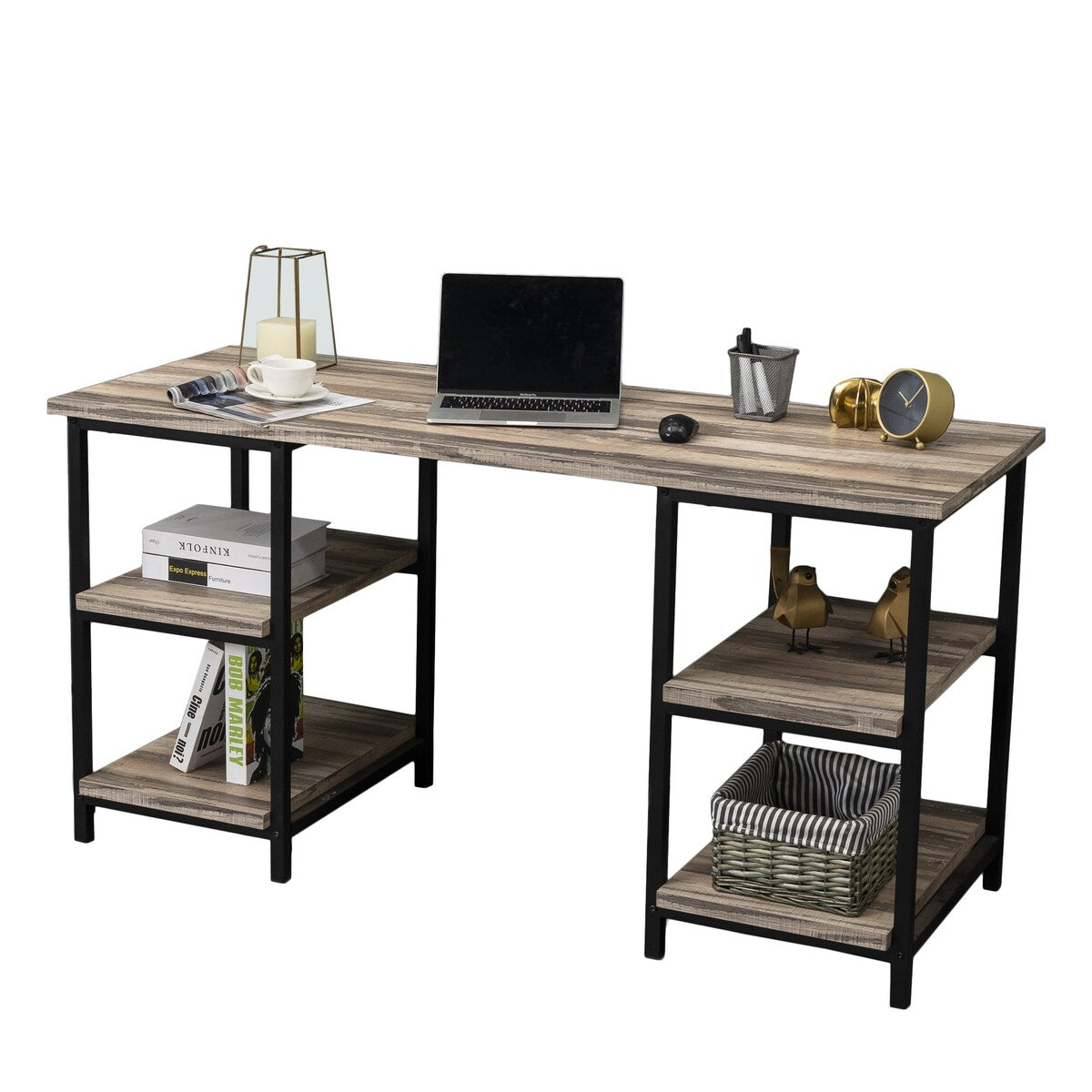 59 Inches Computer Desk Trestle Desk with Both Side 2-Tier Shelves
