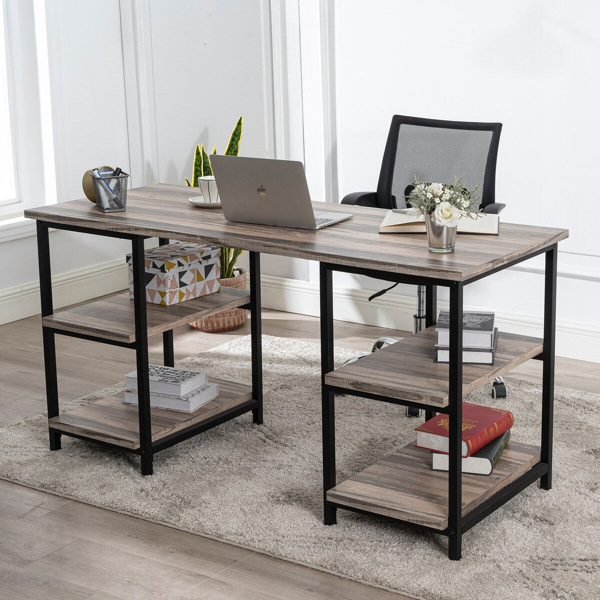 59 Inches Computer Desk Trestle Desk with Both Side 2-Tier Shelves
