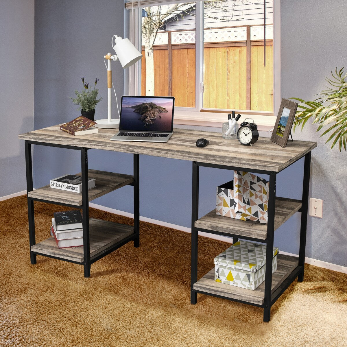 59 Inches Computer Desk Trestle Desk with Both Side 2-Tier Shelves