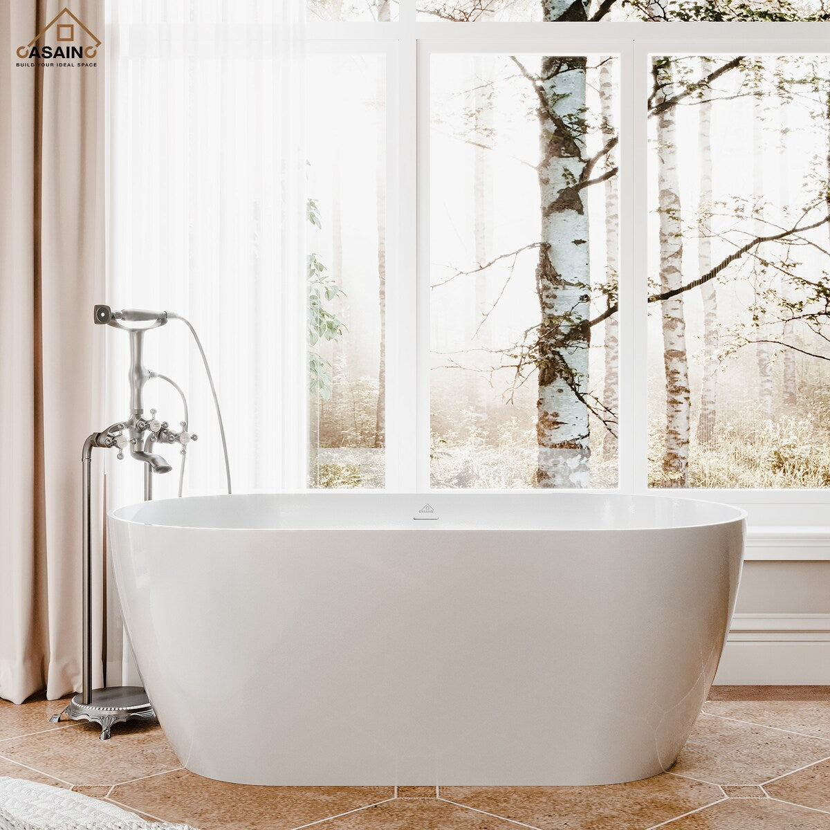 59 in. 30 in. Stone Resin Solid Surface Soaking Bathtub in Glossy White with Standing Faucet in Brushed Nickel
