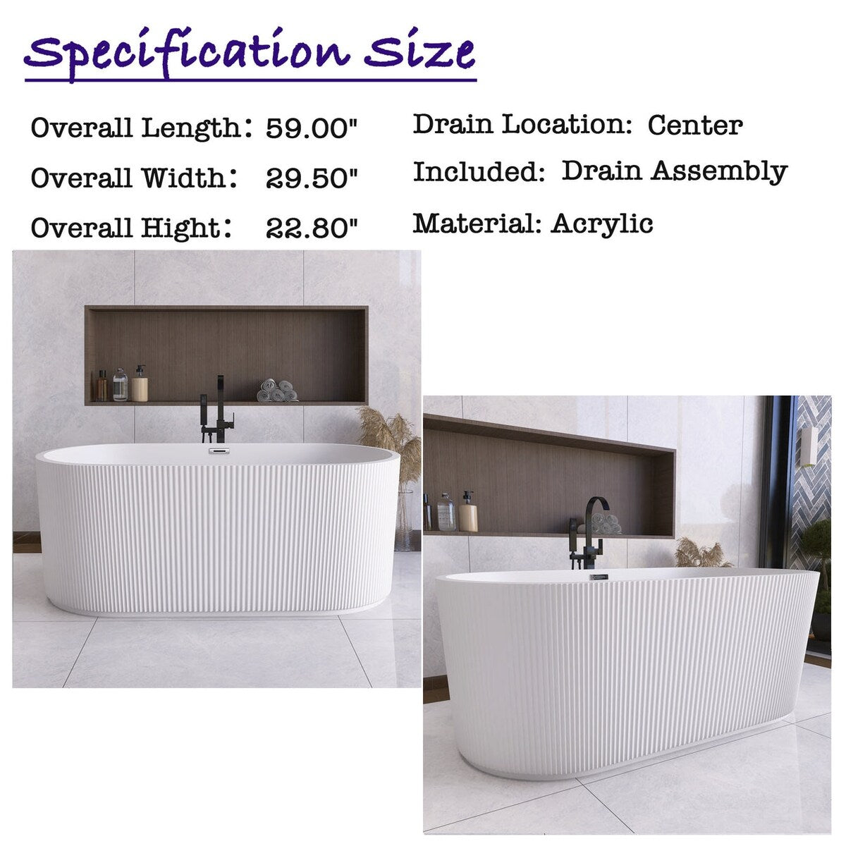 Acrylic Freestanding Flatbottom Soaking Bathtub in Glossy White