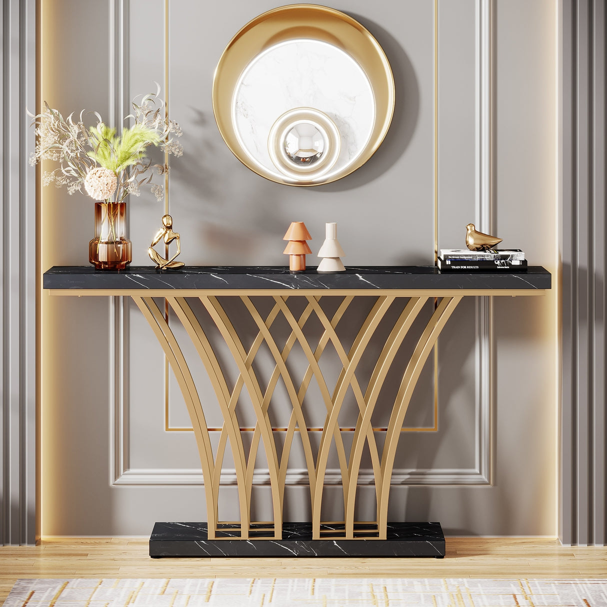 59 Inches Console Table,Gold and White Faux Marble Entryway Table