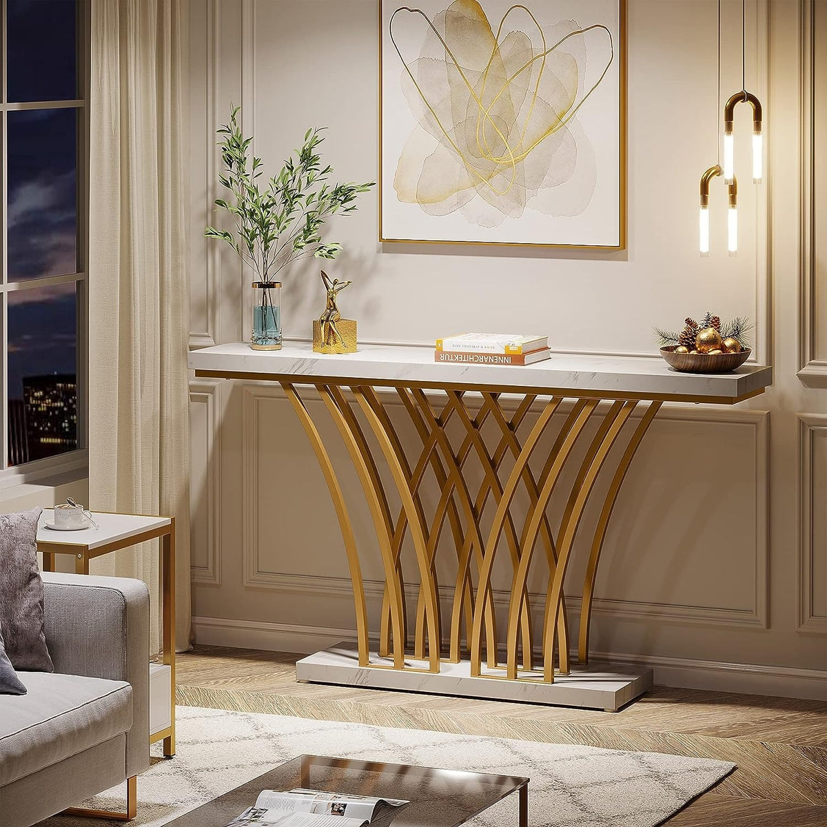 59 Inches Console Table,Gold and White Faux Marble Entryway Table
