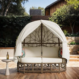 59.8" Daybed Outdoor Sunbed With Colorful Pillows, Wicker Patio Daybed With Curtain and Cushion, Floral Pattern, Beige