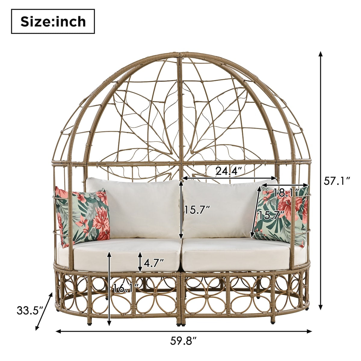 59.8" Daybed Outdoor Sunbed With Colorful Pillows, Wicker Patio Daybed With Curtain and Cushion, Floral Pattern, Beige