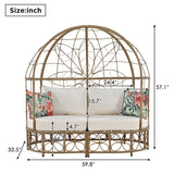 59.8" Daybed Outdoor Sunbed With Colorful Pillows, Wicker Patio Daybed With Curtain and Cushion, Floral Pattern, Beige