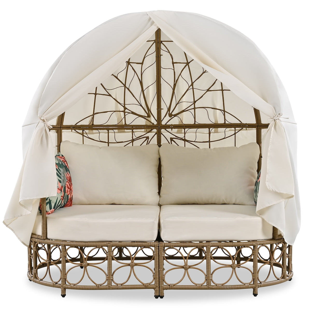 59.8" Daybed Outdoor Sunbed With Colorful Pillows, Wicker Patio Daybed With Curtain and Cushion, Floral Pattern, Beige