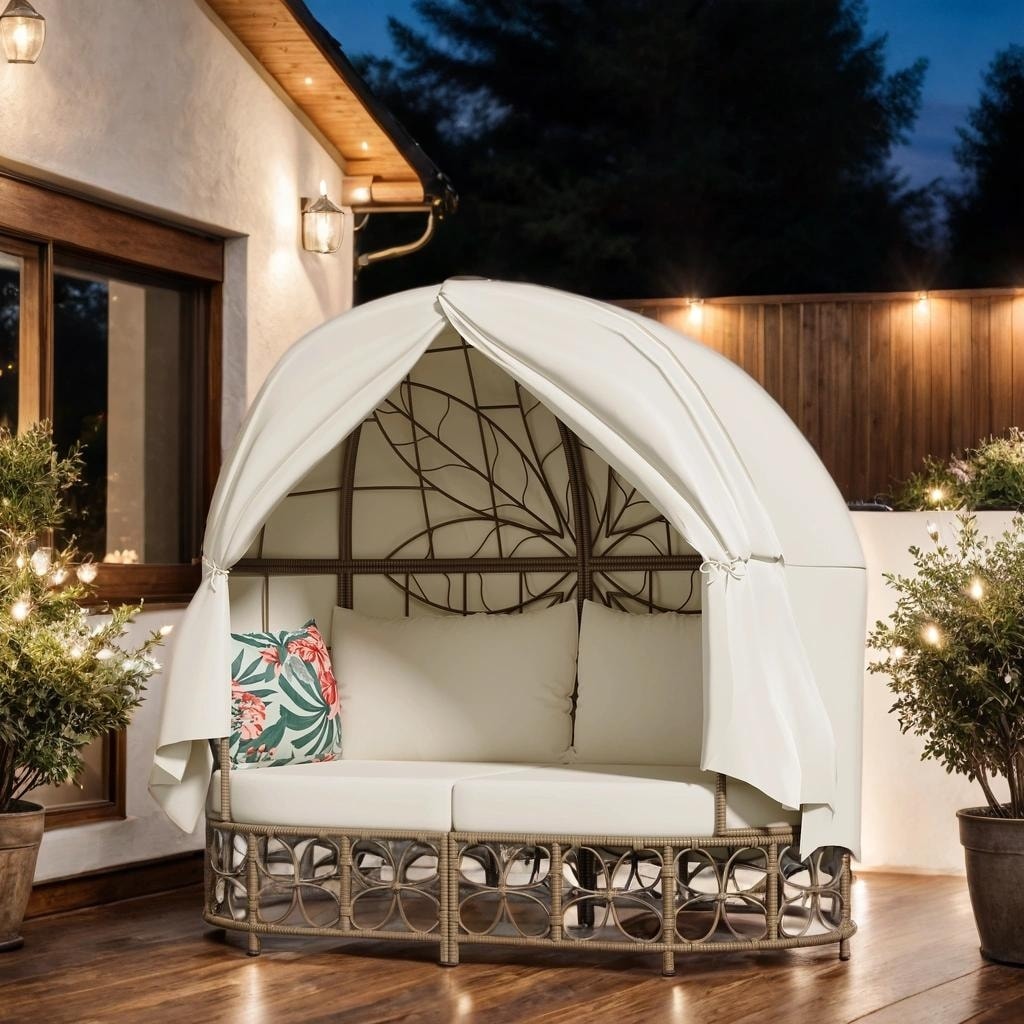59.8" Daybed Outdoor Sunbed With Colorful Pillows, Wicker Patio Daybed With Curtain and Cushion, Floral Pattern, Beige