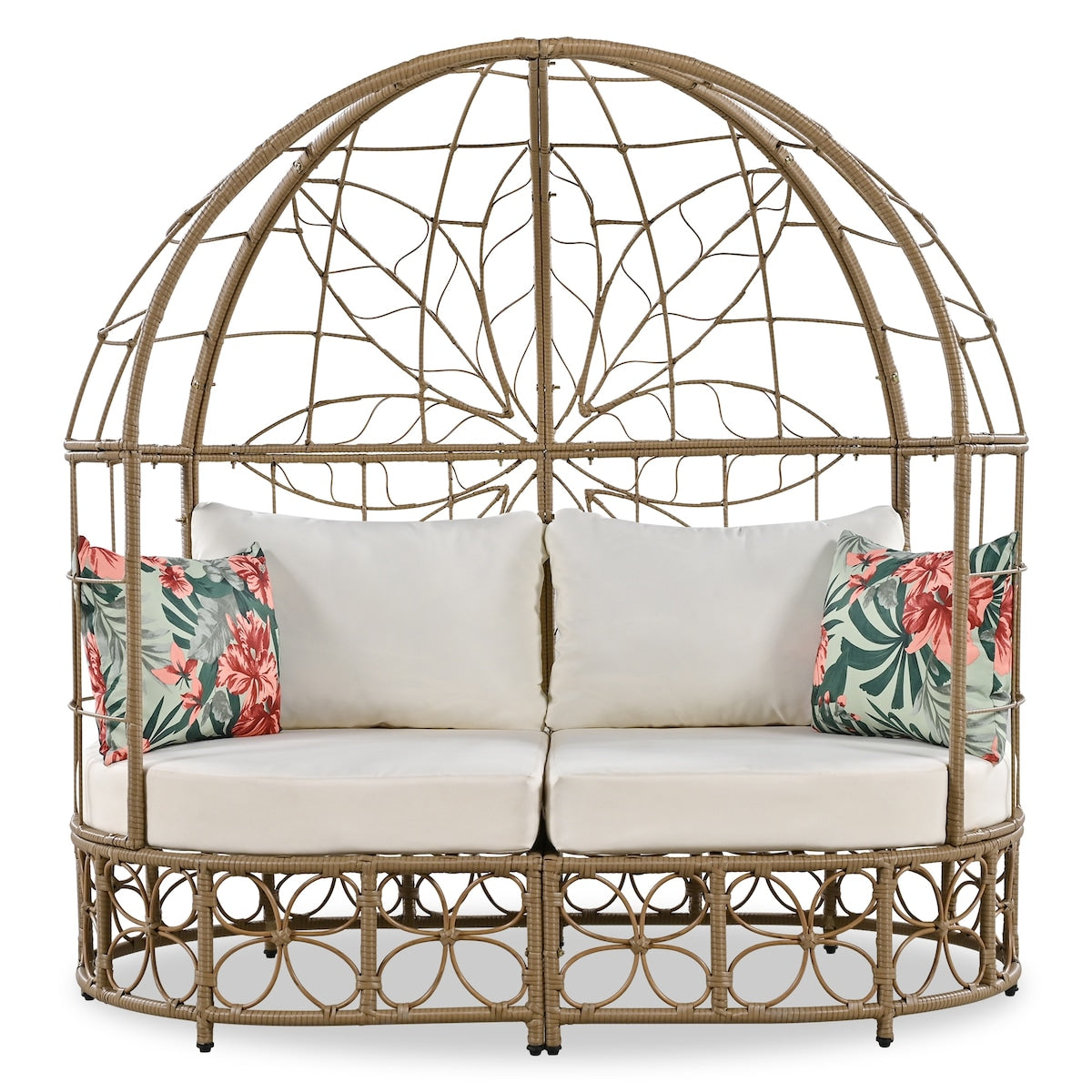59.8" Daybed Outdoor Sunbed With Colorful Pillows, Wicker Patio Daybed With Curtain and Cushion, Floral Pattern, Beige