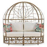 59.8" Daybed Outdoor Sunbed With Colorful Pillows, Wicker Patio Daybed With Curtain and Cushion, Floral Pattern, Beige