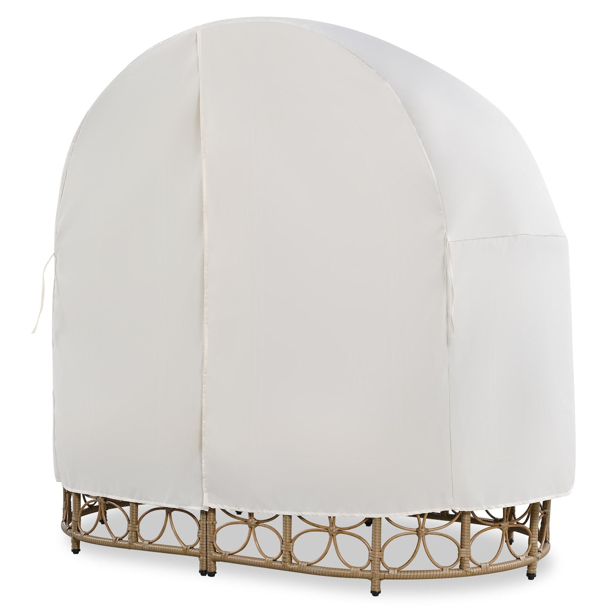 59.8" Daybed Outdoor Sunbed With Colorful Pillows, Wicker Patio Daybed With Curtain and Cushion, Floral Pattern, Beige