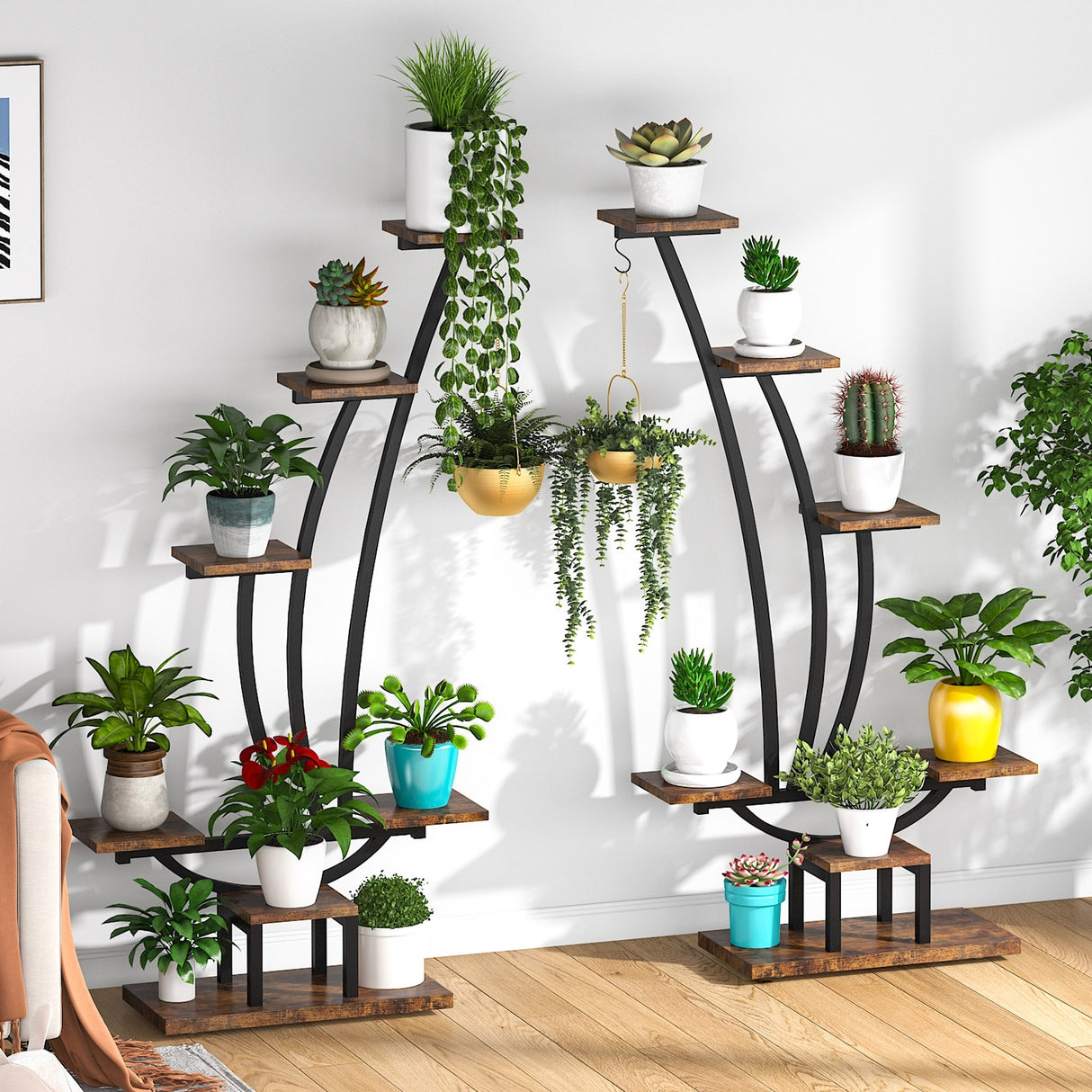 59.8"H Wood Rectangular Multi-Tiered Indoor Plant Stand with 6-Tier Shelf and Hooks(Pack of 2)