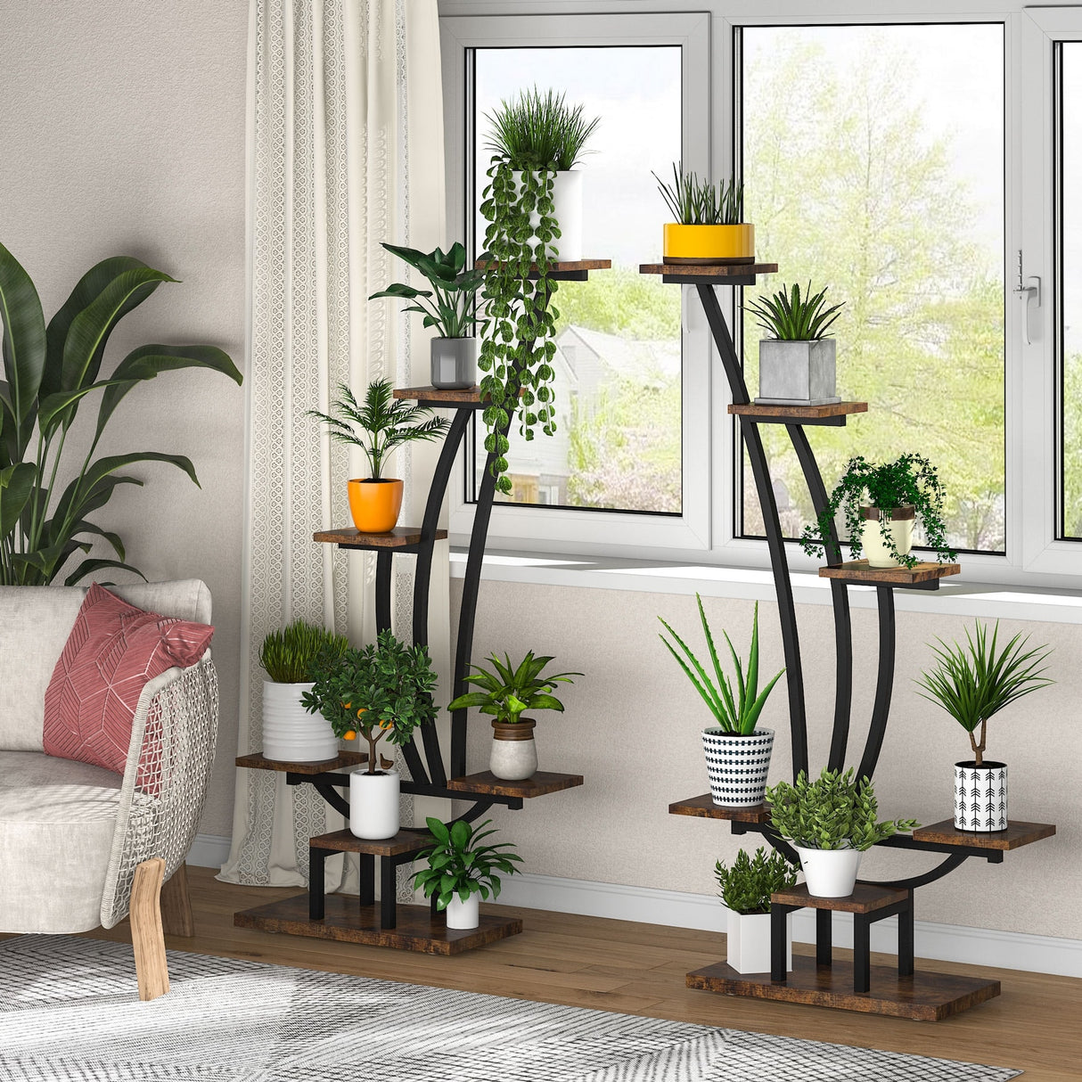 59.8"H Wood Rectangular Multi-Tiered Indoor Plant Stand with 6-Tier Shelf and Hooks(Pack of 2)