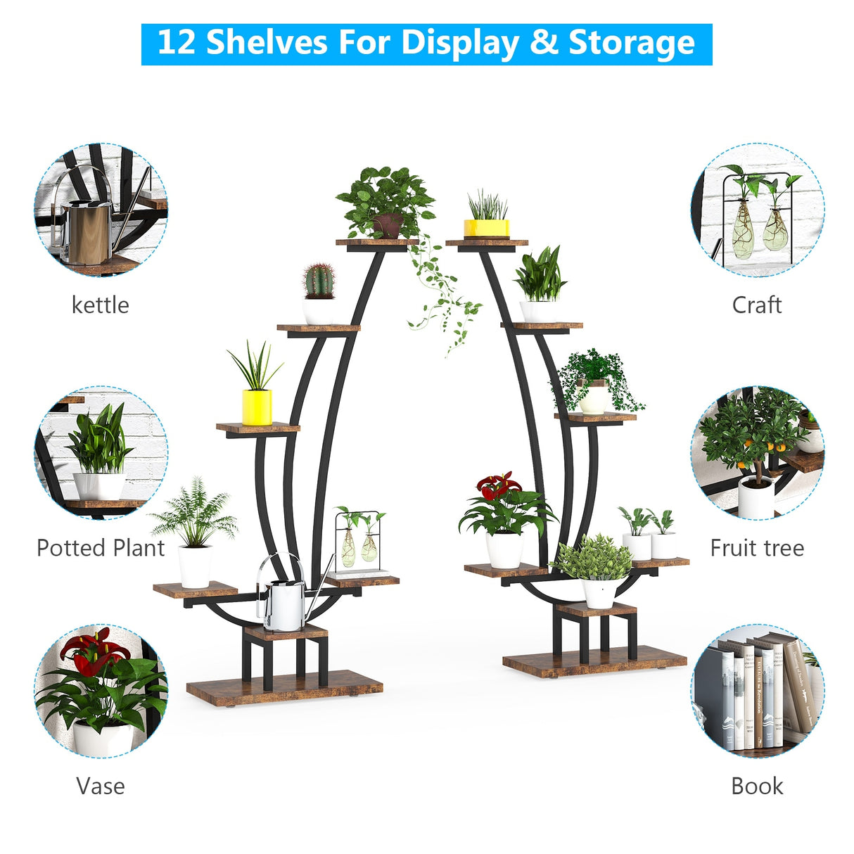 59.8"H Wood Rectangular Multi-Tiered Indoor Plant Stand with 6-Tier Shelf and Hooks(Pack of 2)