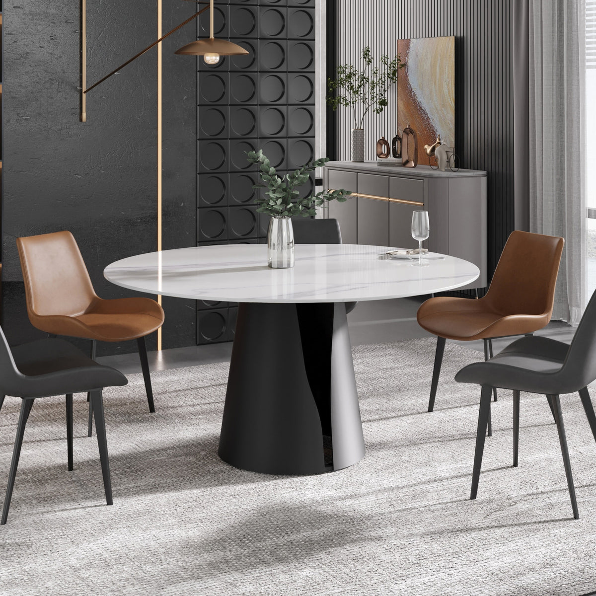 59" Round Slate Dining Table, White Marble Top with Black Metal Pedest