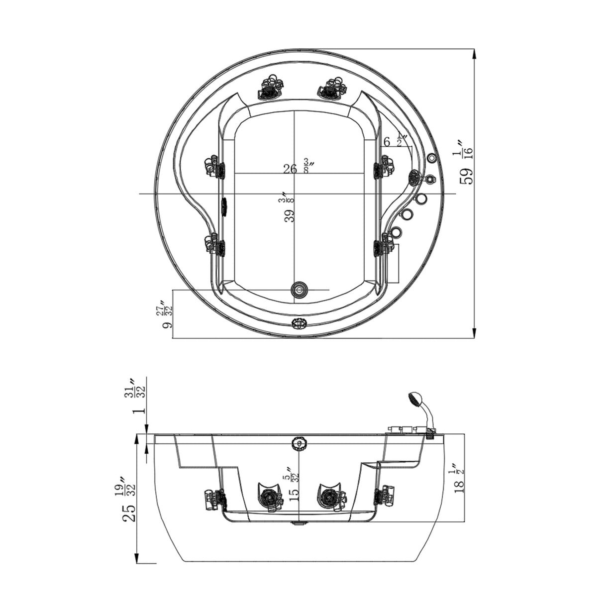 59" X 59" Acrylic Round Whirlpool Bathtub - 6 Water Jets - Right Side Drain