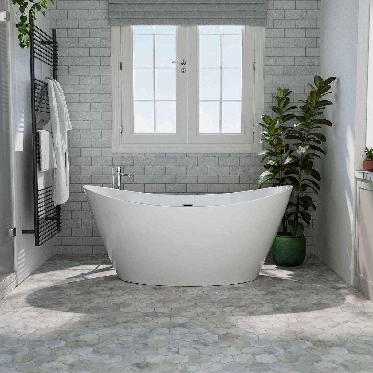 59" x 30" Freestanding Hourglass Soaking Acrylic Bathtub in White with Brushed Nickel Overflow and Drain