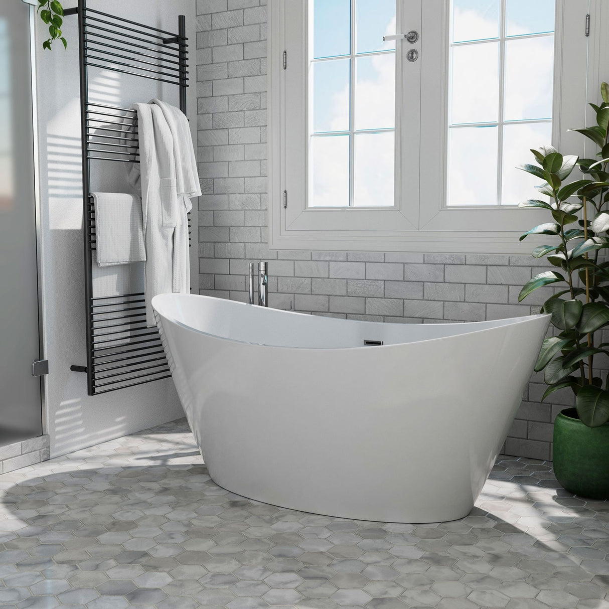 59" x 30" Freestanding Hourglass Soaking Acrylic Bathtub in White with Brushed Nickel Overflow and Drain