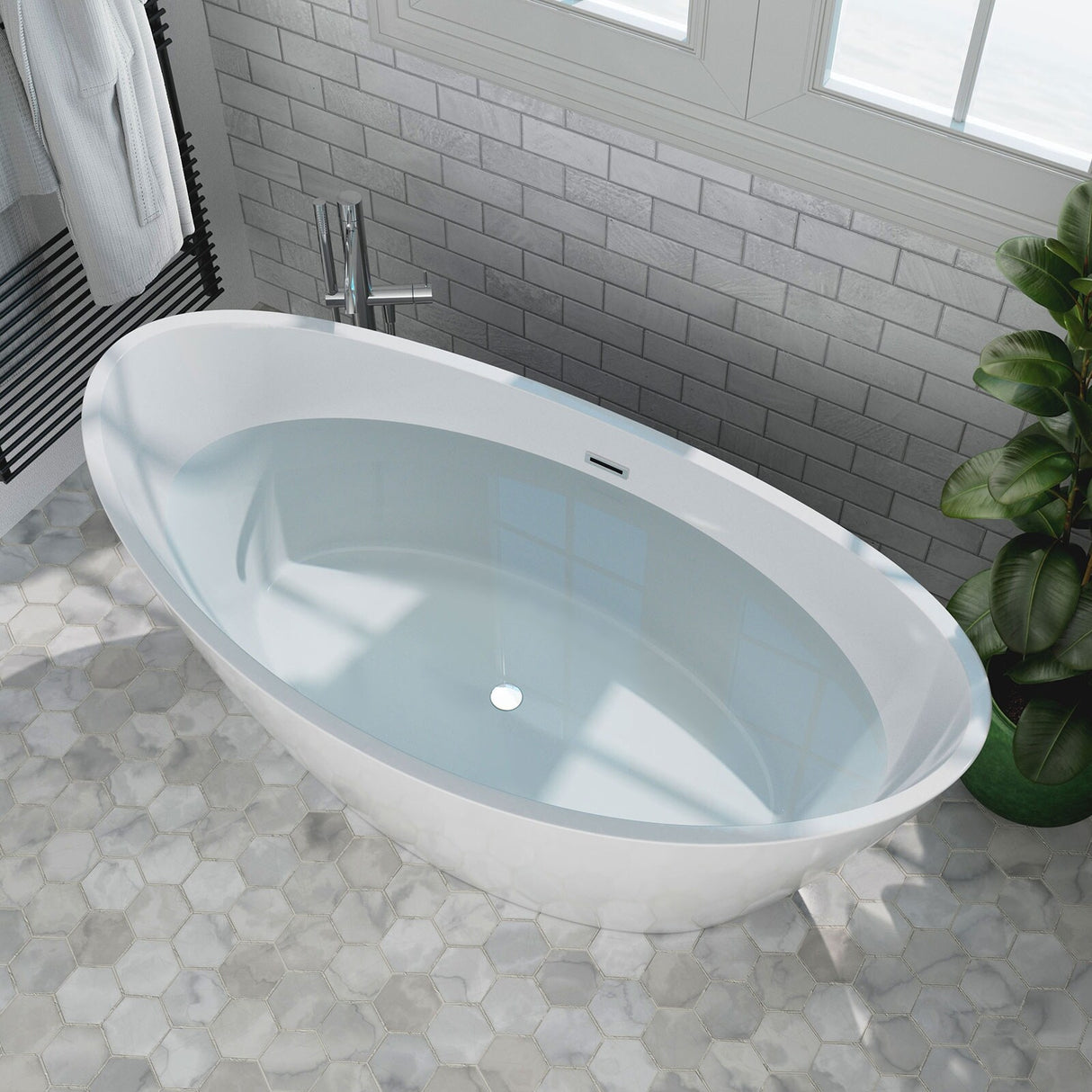 59" x 30" Freestanding Hourglass Soaking Acrylic Bathtub in White with Brushed Nickel Overflow and Drain