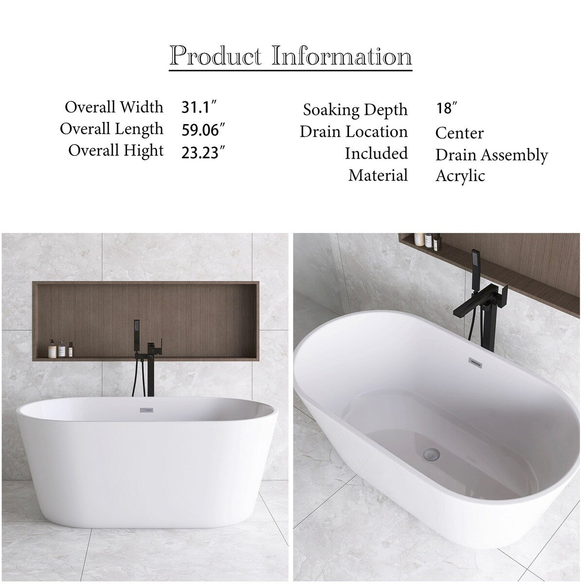 59" x 31" Acrylic Freestanding Soaking Bathtub in White - 59" x 31"