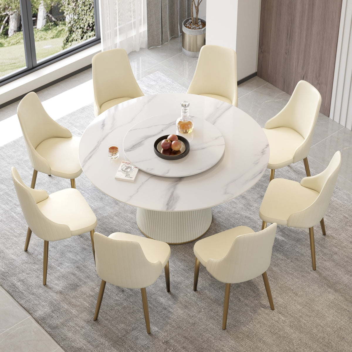 59'' Round Dining Table for 8, White Sintered Stone Tabletop with Lazy