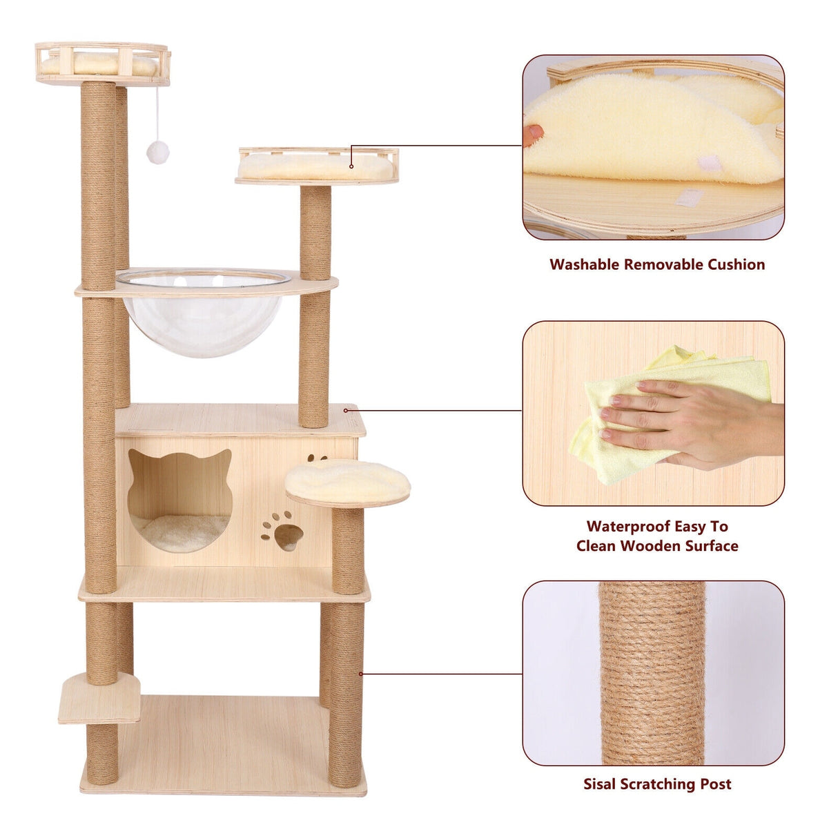59” Wooden Cat Tree Tower Large Cat Condo Play House W/Scratching Post - Beige