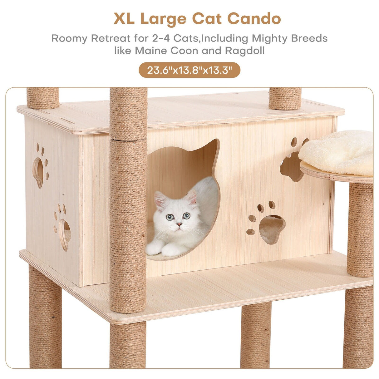 59” Wooden Cat Tree Tower Large Cat Condo Play House W/Scratching Post - Beige
