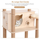 59” Wooden Cat Tree Tower Large Cat Condo Play House W/Scratching Post - Beige