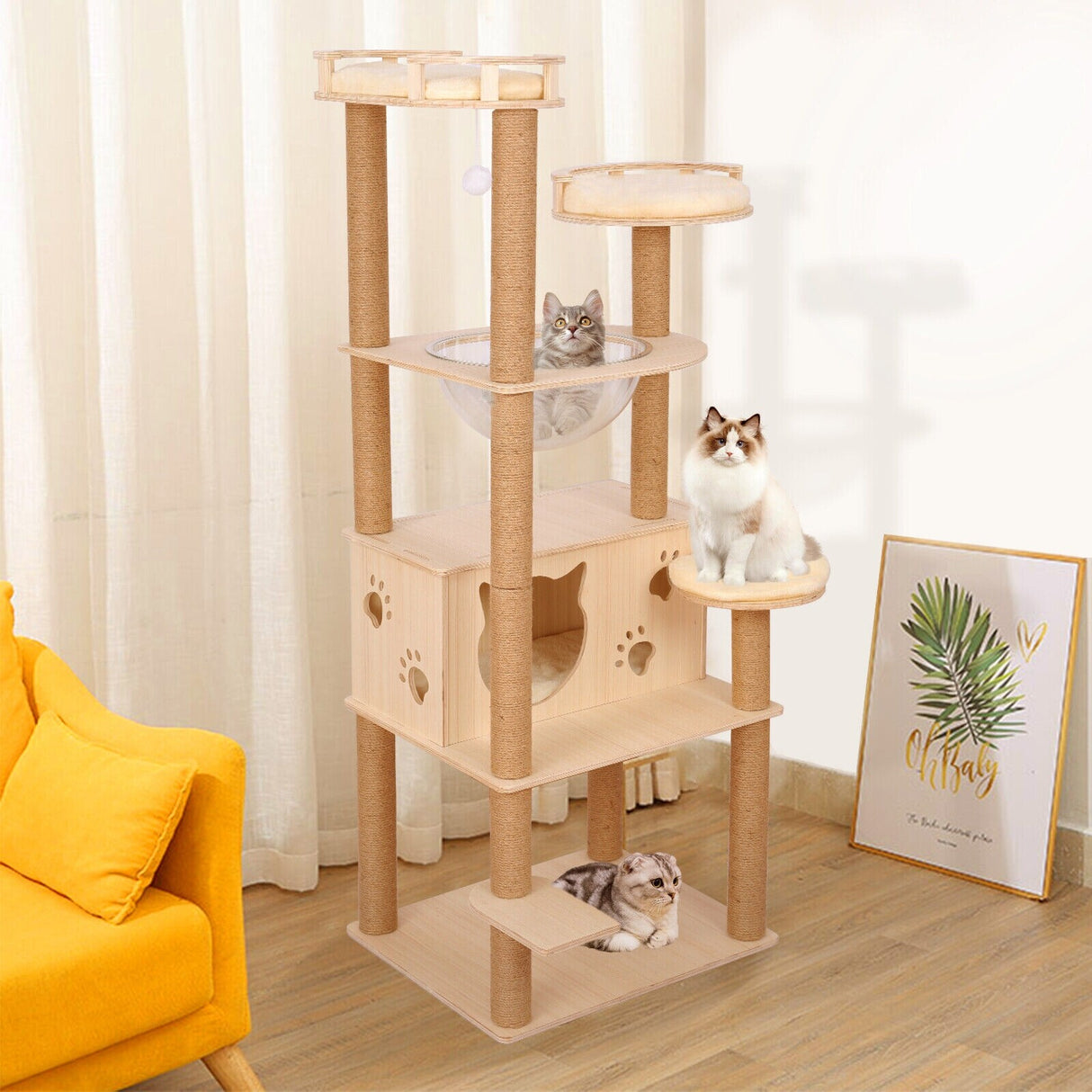59” Wooden Cat Tree Tower Large Cat Condo Play House W/Scratching Post - Beige