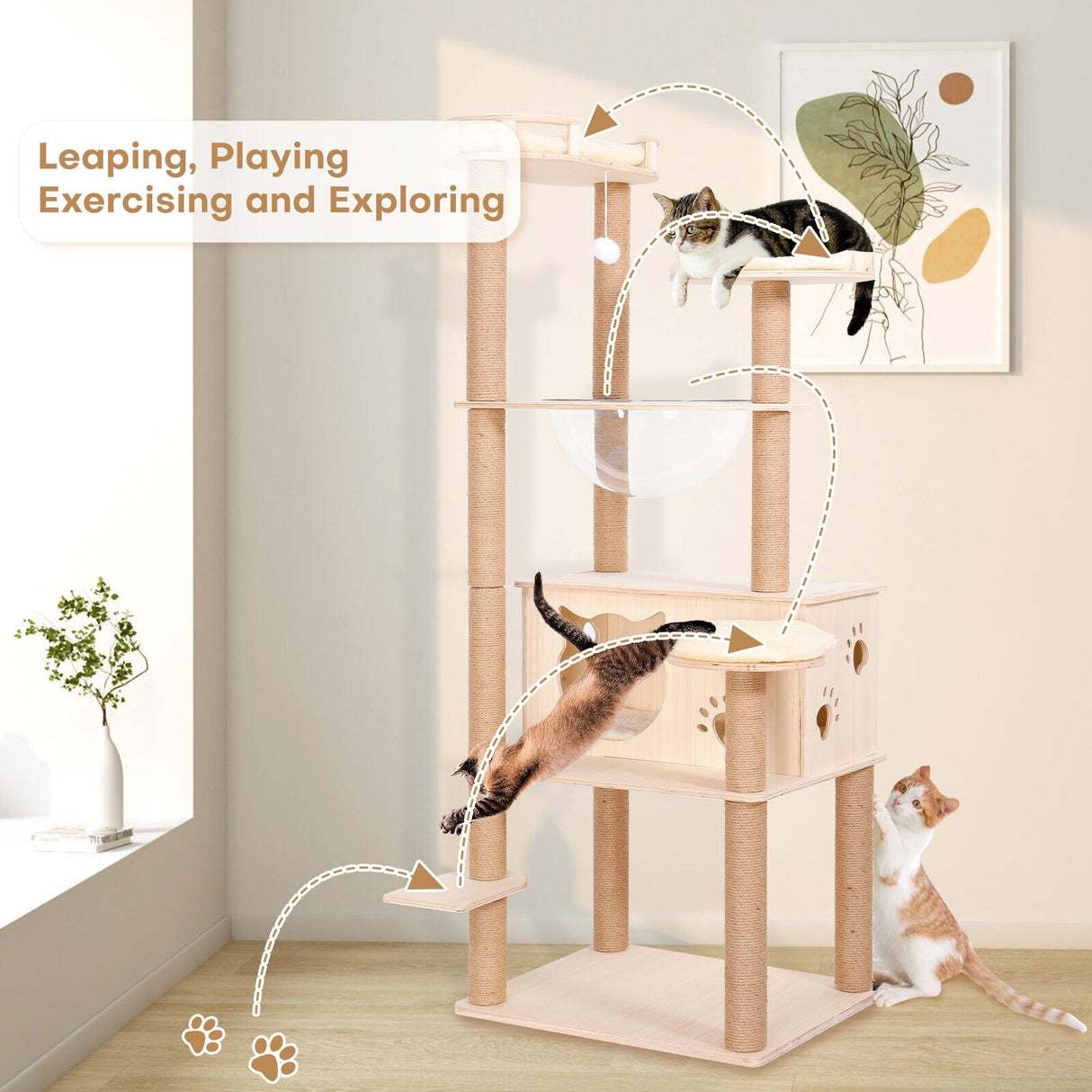 59” Wooden Cat Tree Tower Large Cat Condo Play House W/Scratching Post - Beige