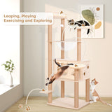 59” Wooden Cat Tree Tower Large Cat Condo Play House W/Scratching Post - Beige