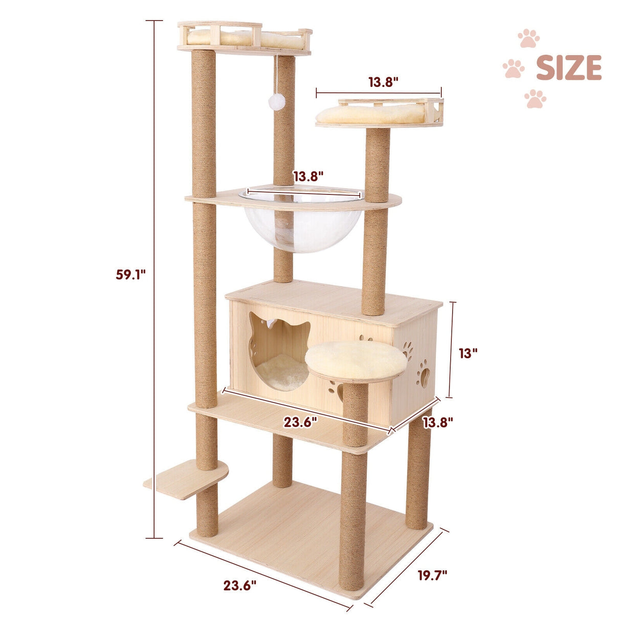 59” Wooden Cat Tree Tower Large Cat Condo Play House W/Scratching Post - Beige
