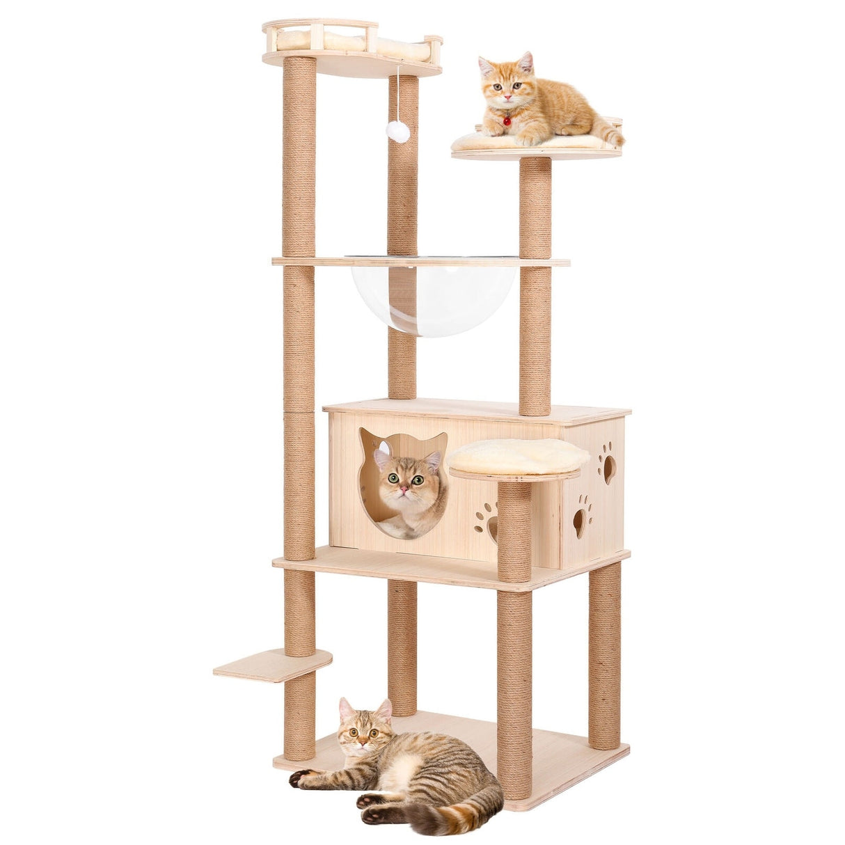 59” Wooden Cat Tree Tower Large Cat Condo Play House W/Scratching Post - Beige