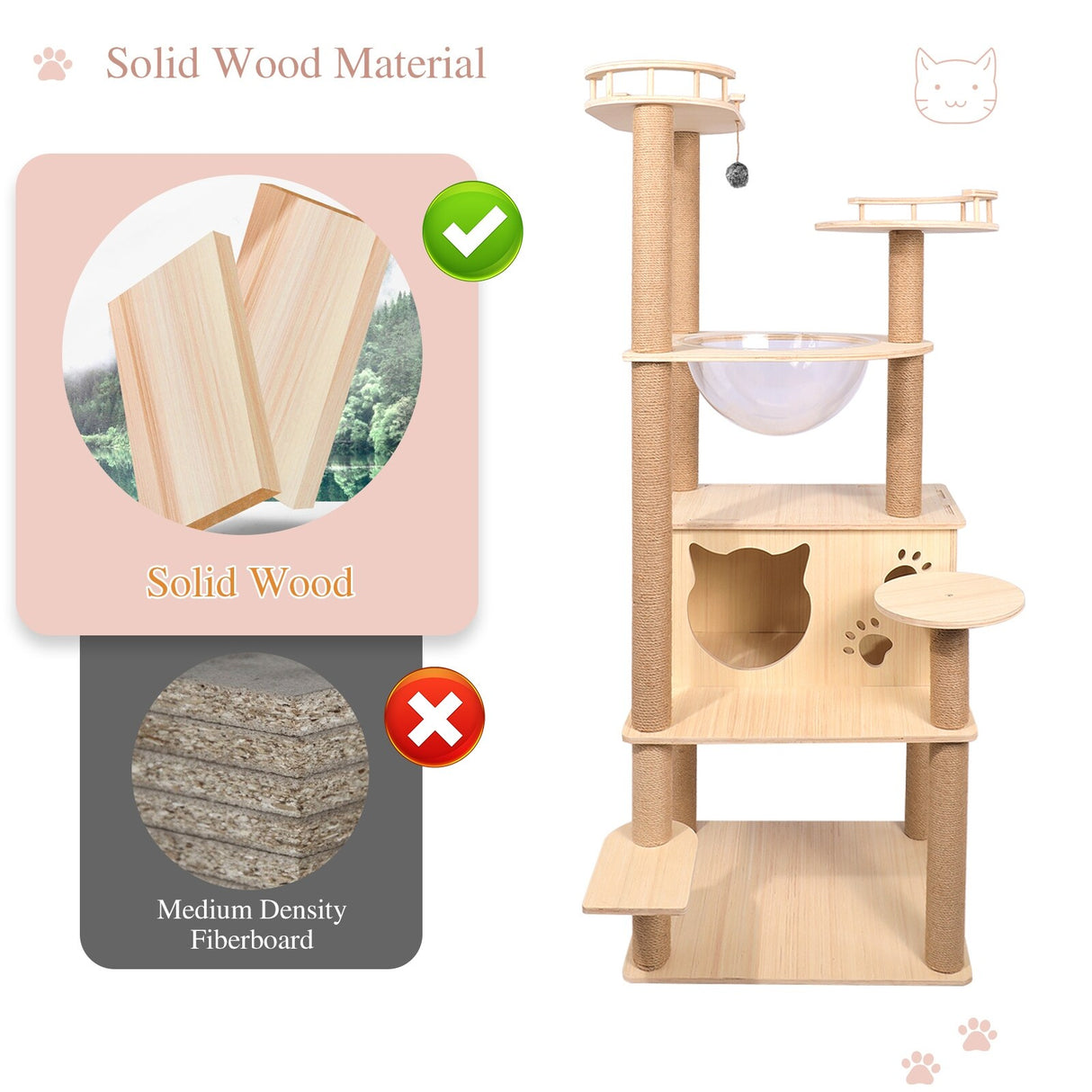 59” Wooden Cat Tree Tower Large Cat Condo Play House W/Scratching Post - Beige