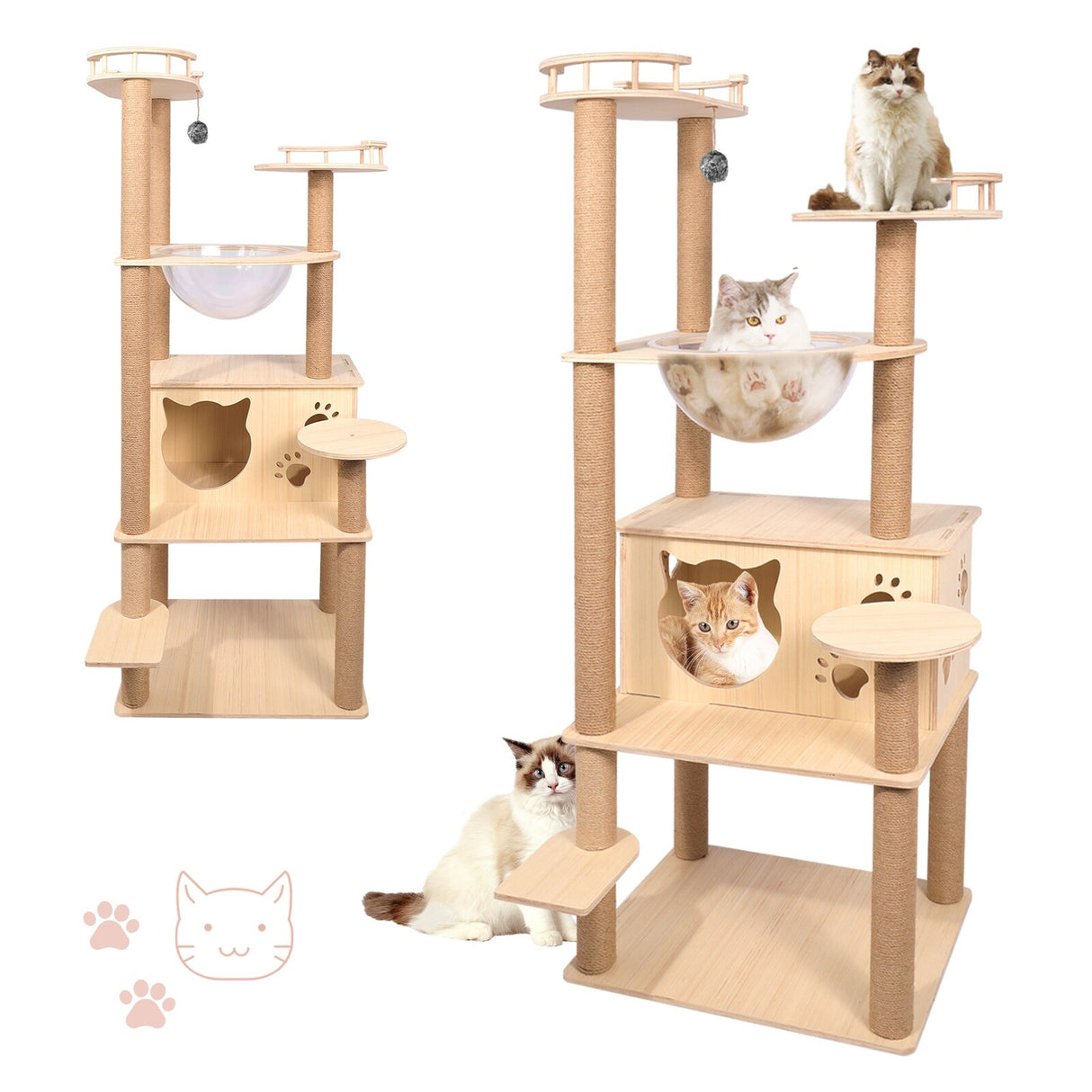 59” Wooden Cat Tree Tower Large Cat Condo Play House W/Scratching Post - Beige