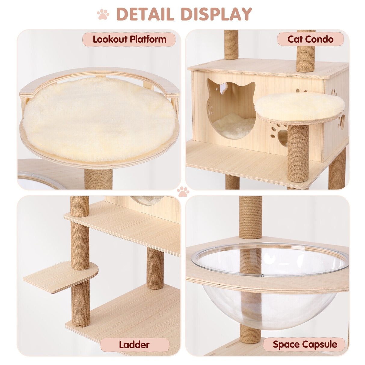 59” Wooden Cat Tree Tower Large Cat Condo Play House W/Scratching Post - Beige
