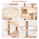 59” Wooden Cat Tree Tower Large Cat Condo Play House W/Scratching Post - Beige