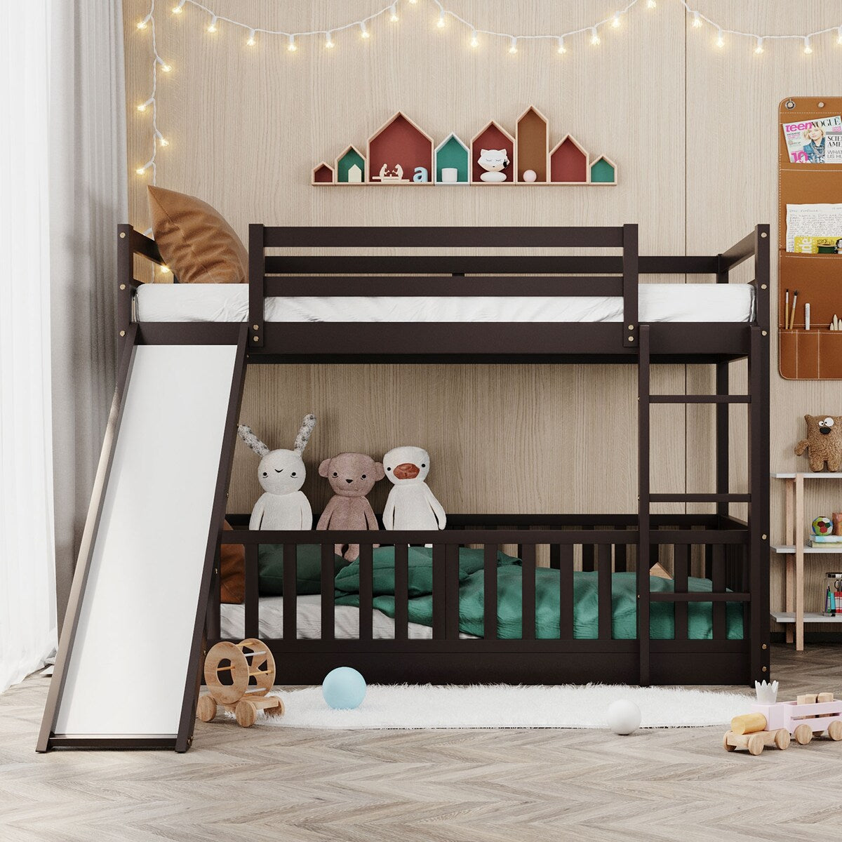 [Presale] Twin Over Twin Bunk Bed with Slide&Ladder&Elegance Guardrail, Espresso