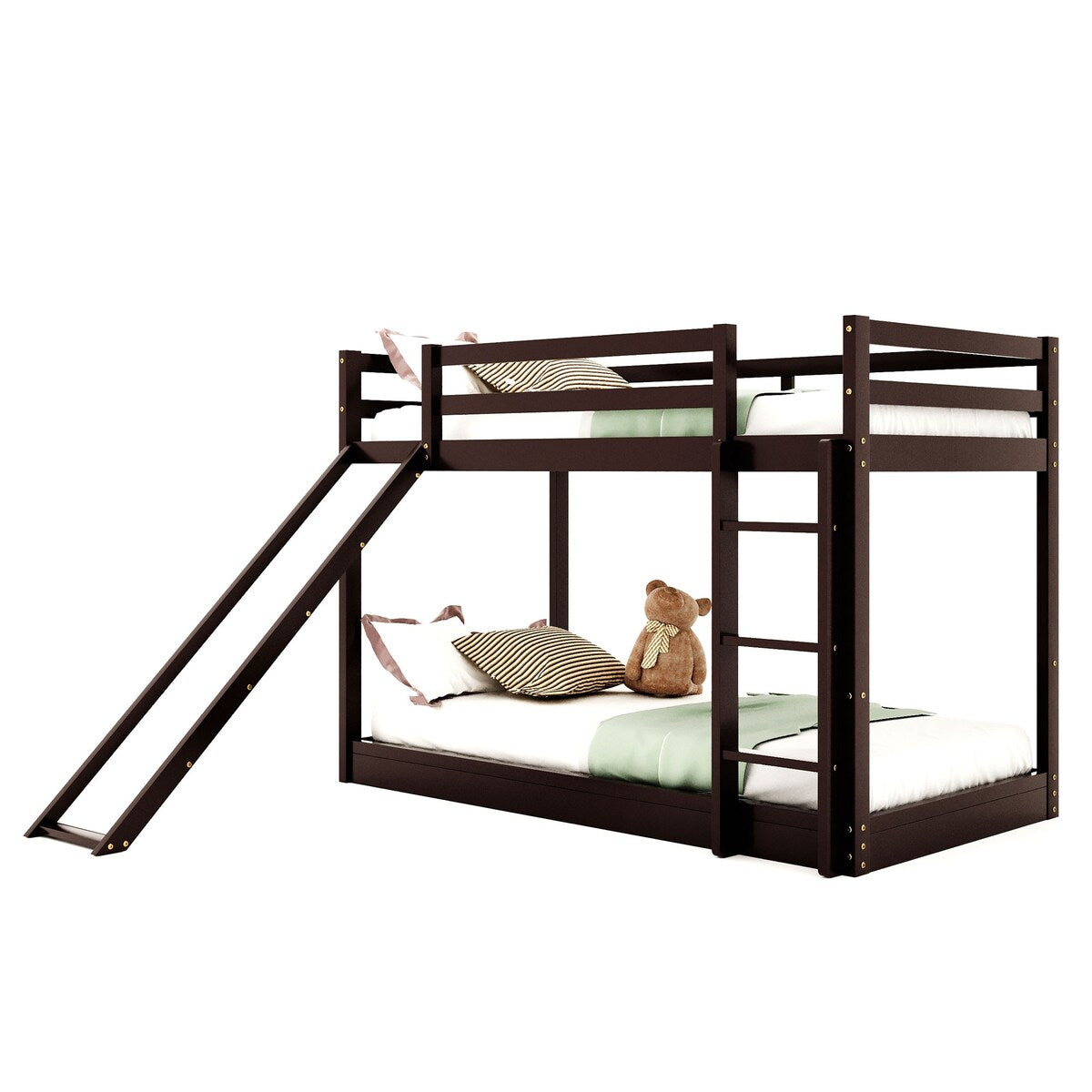 [Presale] Twin Over Twin Bunk Bed with Slide&Ladder&Elegance Guardrail, Espresso