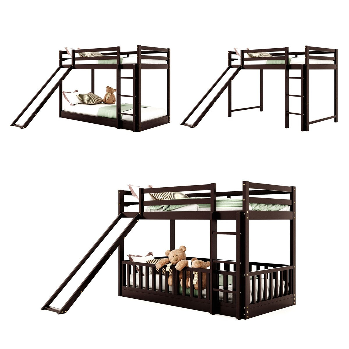 [Presale] Twin Over Twin Bunk Bed with Slide&Ladder&Elegance Guardrail, Espresso