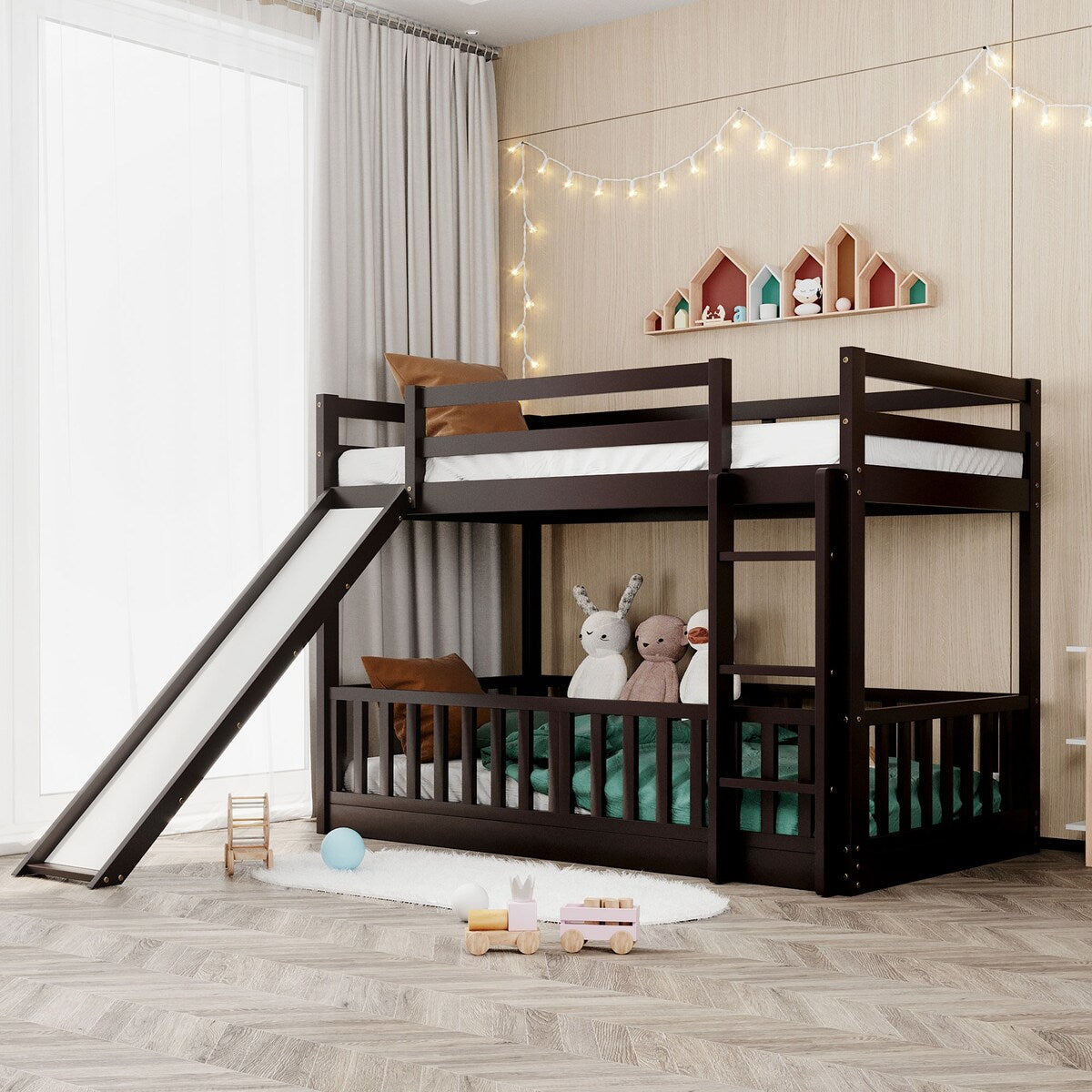 [Presale] Twin Over Twin Bunk Bed with Slide&Ladder&Elegance Guardrail, Espresso