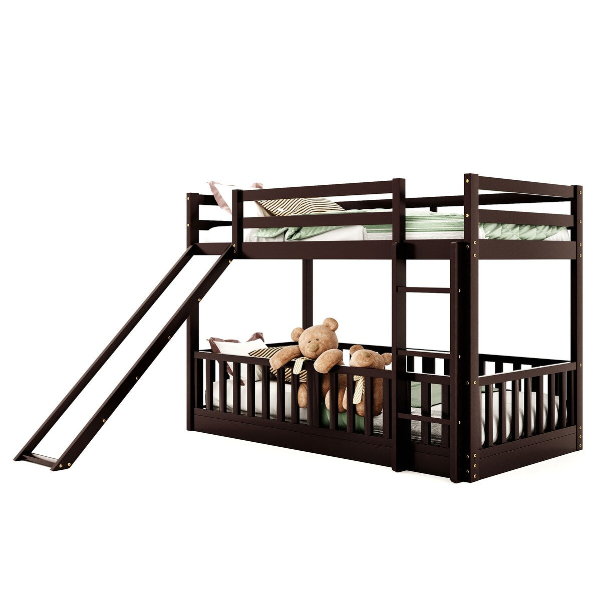 [Presale] Twin Over Twin Bunk Bed with Slide&Ladder&Elegance Guardrail, Espresso