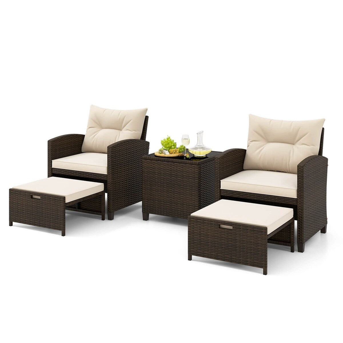 5PCS Patio Furniture Set w/ Ottoman Wicker Conversation Set w/Cushions