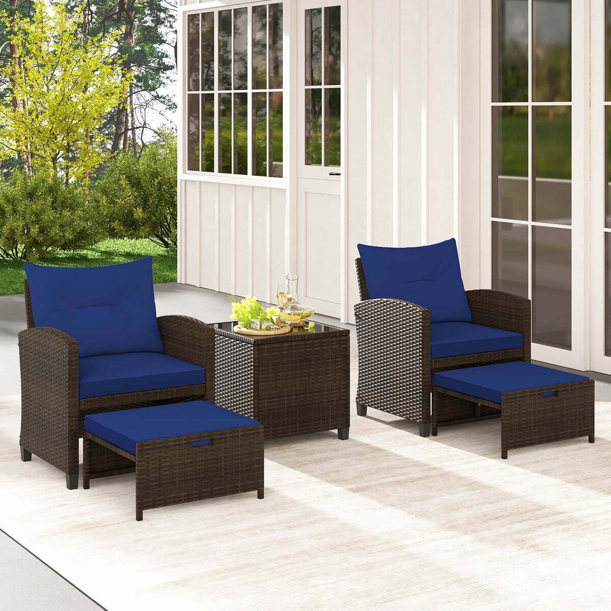 5PCS Patio Furniture Set w/ Ottoman Wicker Conversation Set w/Cushions