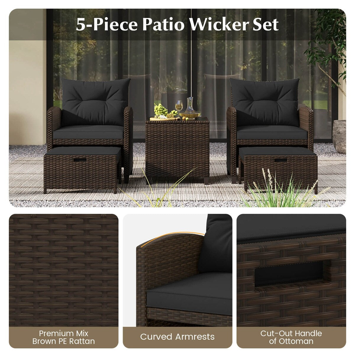 5PCS Patio Furniture Set w/ Ottoman Wicker Conversation Set w/Cushions