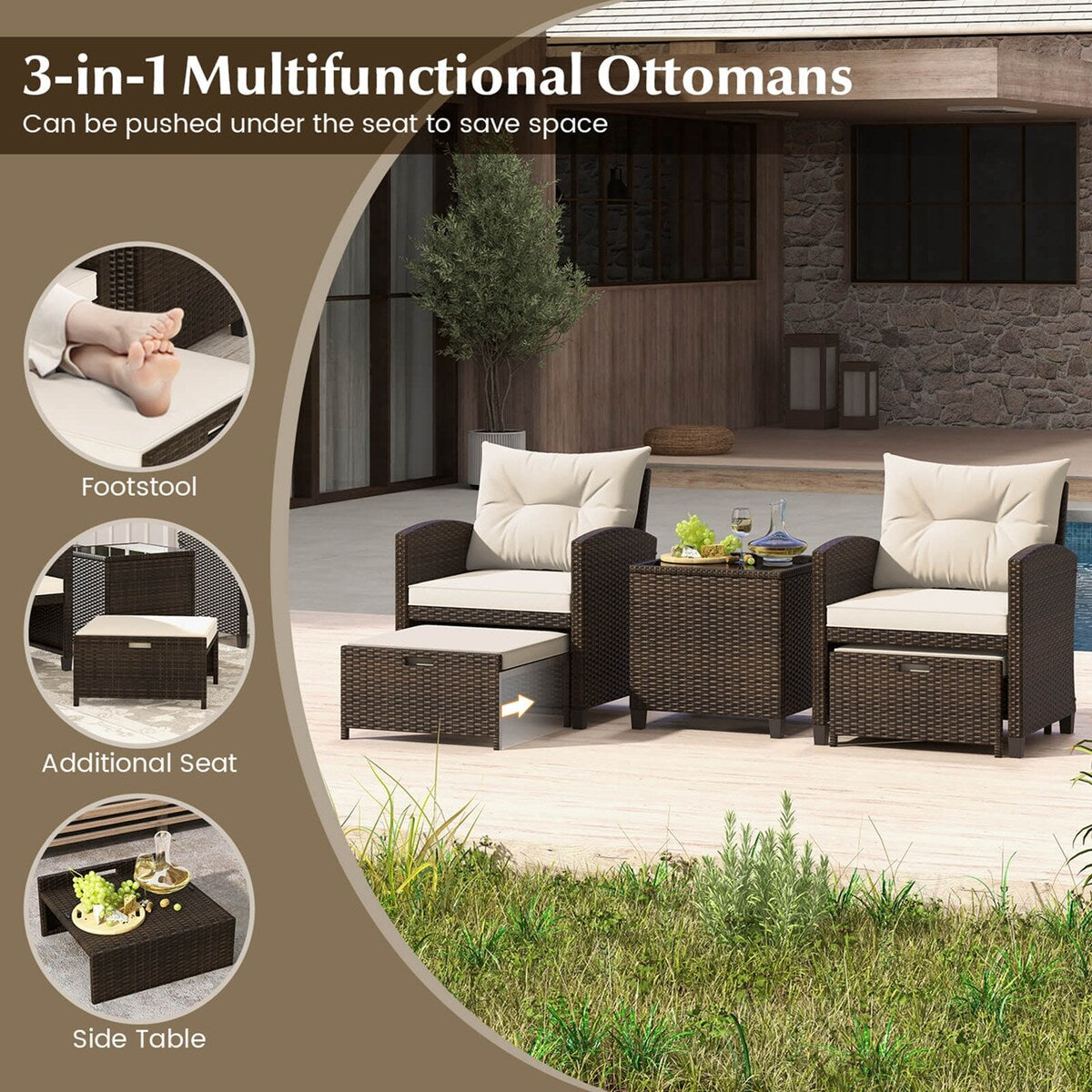 5PCS Patio Furniture Set w/ Ottoman Wicker Conversation Set w/Cushions