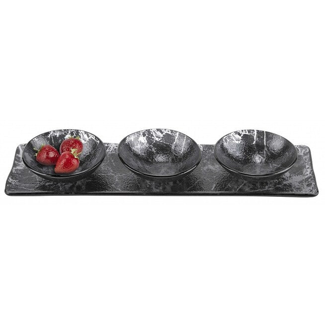 5" Black Glass Hostess 4 pc Set in Marble Decor