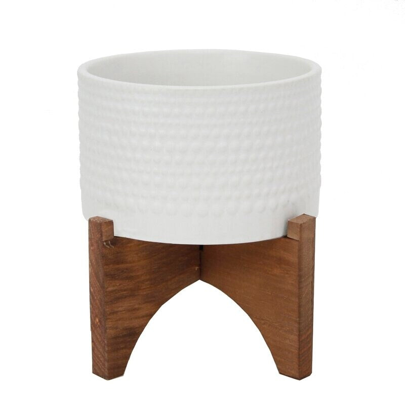 5" Hobnail Ceramic Planter on Wood Stand